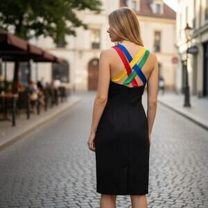 0s ACT I Black Linen Dress Rainbow Strappy Back Detail Cocktail Dress Size S/M